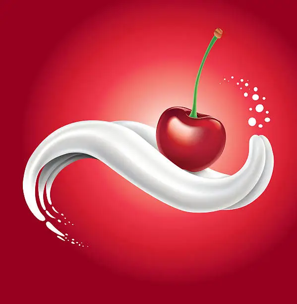 Vector illustration of milk splash with sweet cherry lying on milk tongue