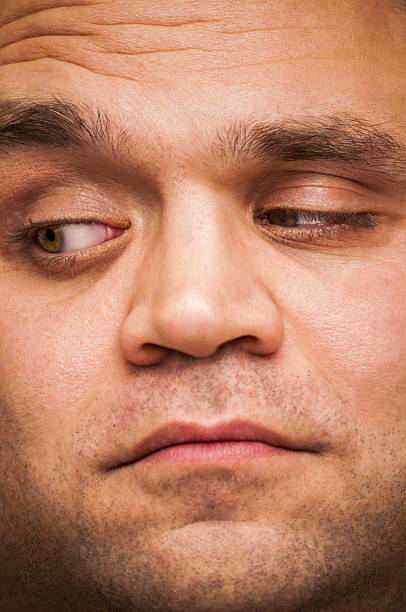 istock Looking right, pry man. Facial expression, emoji face, emotion close-up. 629775132