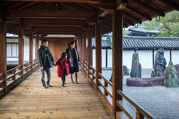 istock Father, mother and daughter walking through a temple corridor 629776148