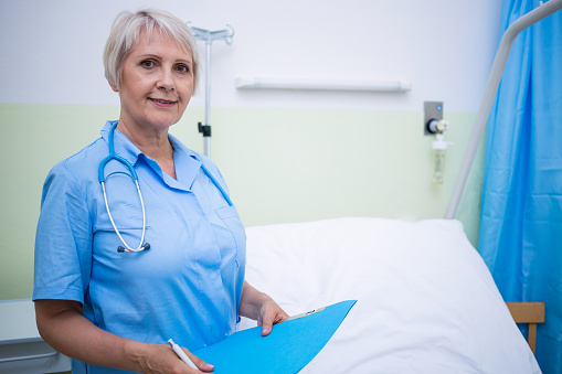 Portrait of nurse holding file in hospital room