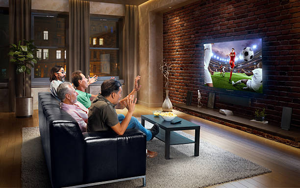 Adults watching Soccer game at home :biggrin:A group of adult male friends are cheering while watching extremely real Soccer game at home. They are sitting on a sofa in the modern living room faced to a big TV set on the front wall. excited football fan cheering for his team on tv stock pictures, royalty-free photos & images