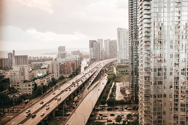 Toronto, Canada - October 17, 2024: Morning traffic on Highway 401 at the intersection with Victoria Park Avenue.