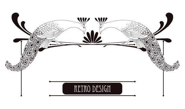 ilustraciones, imágenes clip art, dibujos animados e iconos de stock de viñeta horizontal con pavo real en estilo art nouveau o modern. - feather peacock ornate vector