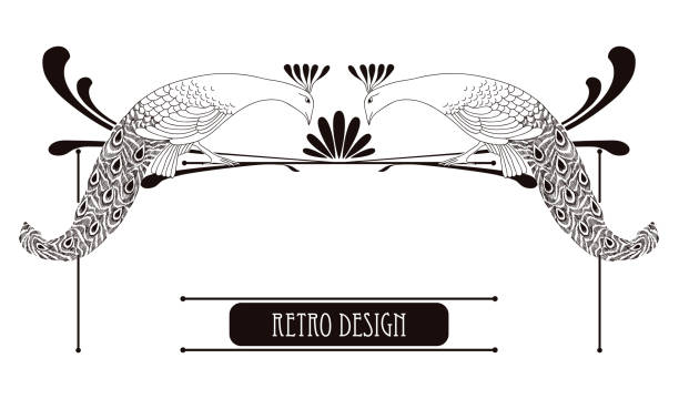 Horizontal vignette with peacock in Art Nouveau or Modern style. Vector illustration of hand drawn vintage peacock with lines isolated on white background. Horizontal vignette in Art Nouveau or Modern style for decoration. Retro design with bird in line art decor. bird borders stock illustrations