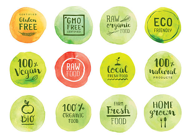 Organic natural food labels Editable set of vector labels on layers.  raw diet stock illustrations