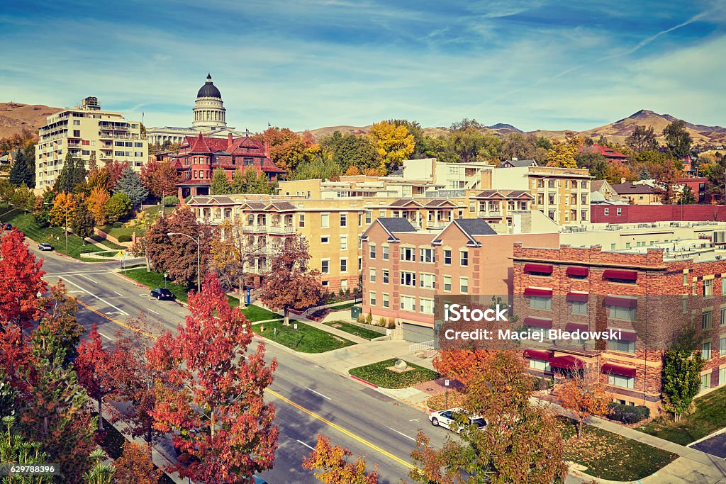 Vintage toned Salt Lake City downtown in autumn, USA. Vintage toned Salt Lake City downtown in autumn, Utah, USA. Autumn Stock Photo