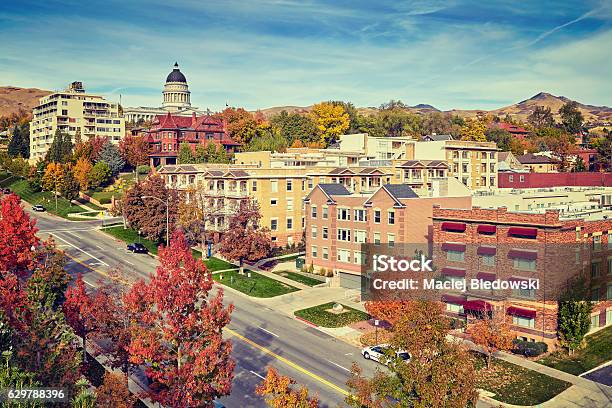 Vintage Toned Salt Lake City Downtown In Autumn Usa Stock Photo - Download Image Now