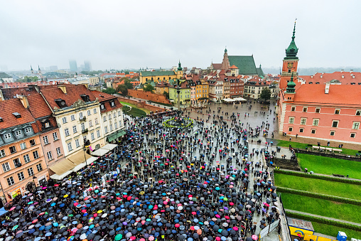 Warsaw, Poland - October 4, 2016: View of people protesting for abortion rights in the old town area