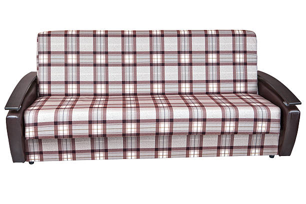 quando dobrado, sofá cama de pano quadrimestado, isolado em branco - isolated remote plaid nobody - fotografias e filmes do acervo
