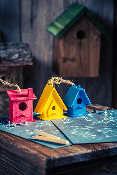 istock Cute small bird feeder in wooden workshop 629790070