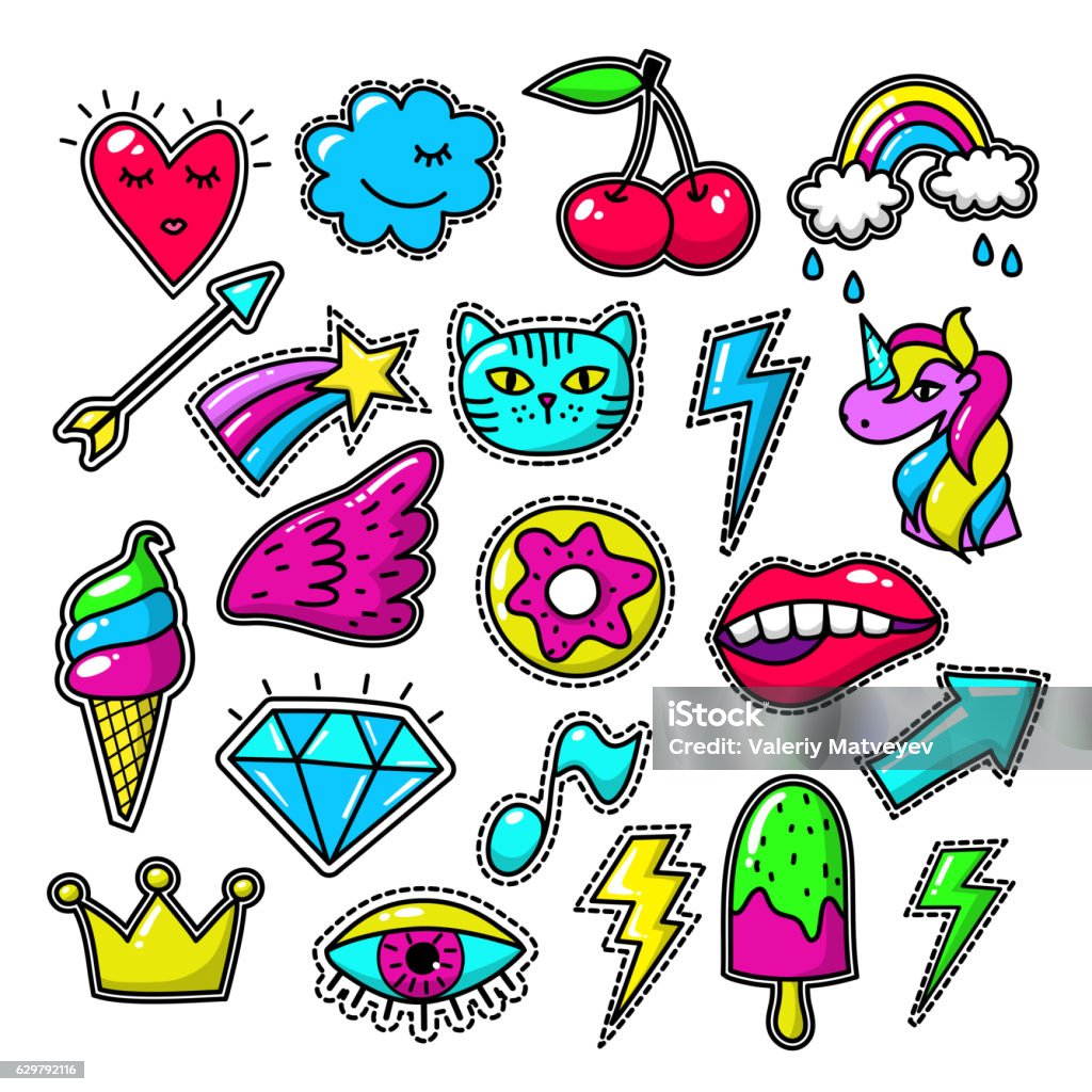 Chic fashion badges. Girl doodle applique patches Chic fashion badges. Girl doodle applique patches and embroidered textile stickers. Embroidered label vintage, textile , unicorn and arrow embroidered illustration Illustration stock vector