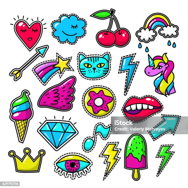 Chic Fashion Badges Girl Doodle Applique Patches Stock Illustration - Download Image Now - Illustration, Teenager, Animal Body Part