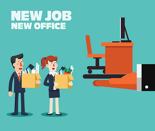illustrazioni stock, clip art, cartoni animati e icone di tendenza di benvenuti al nuovo concetto di lavoro. boss offerta di lavoro per i dipendenti - cambiare-ufficio