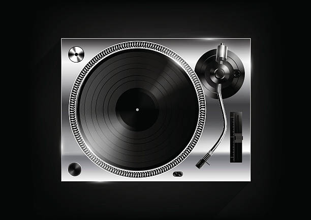 Vinyl record player on black background and long shadow, Vector Silver Vinyl record player on black background and long shadow, Vector dj decks stock illustrations