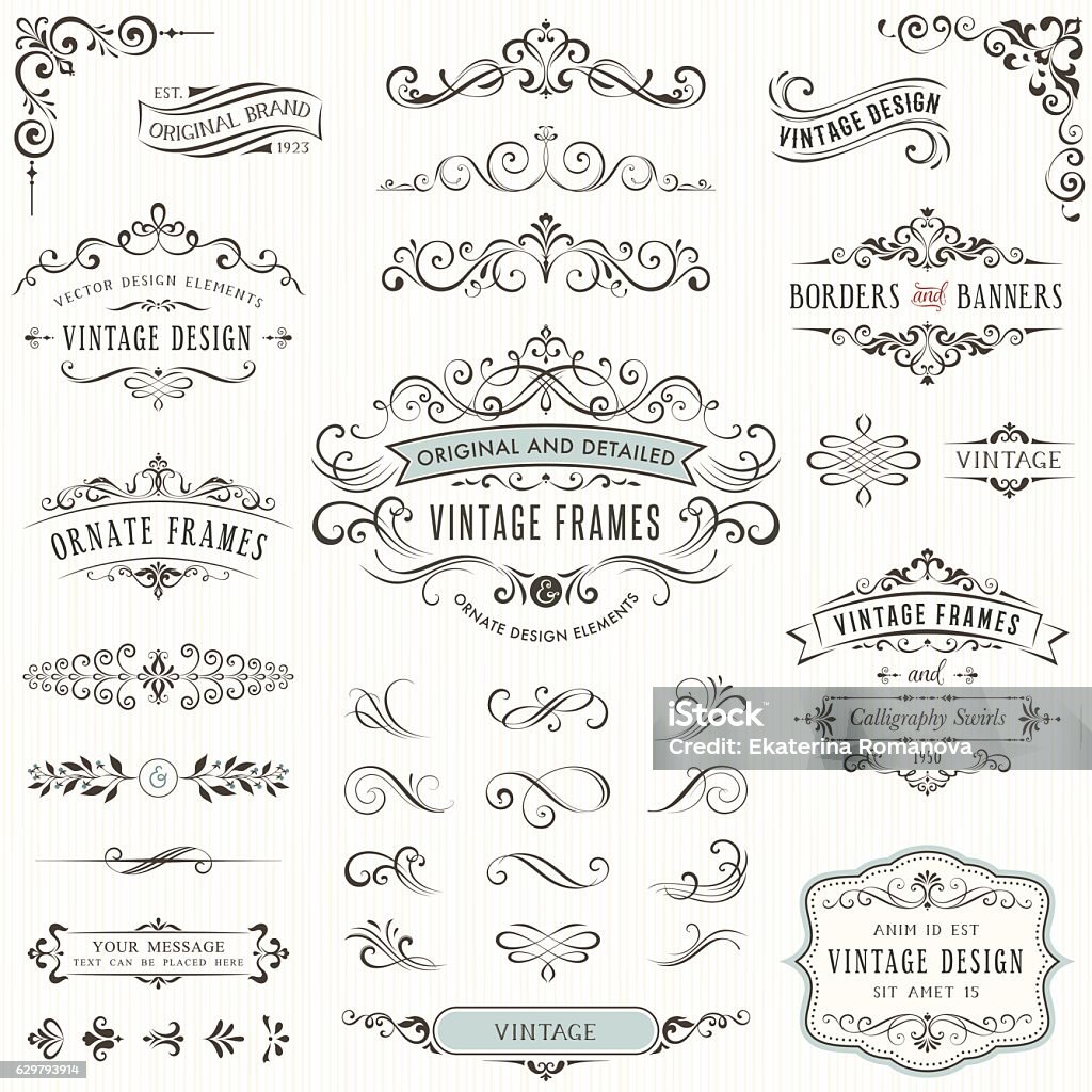 Ornate Design Elements Ornate vintage design elements with calligraphy swirls, swashes, ornate motifs and scrolls. Frames and banners. Vector illustration. Old-fashioned stock vector