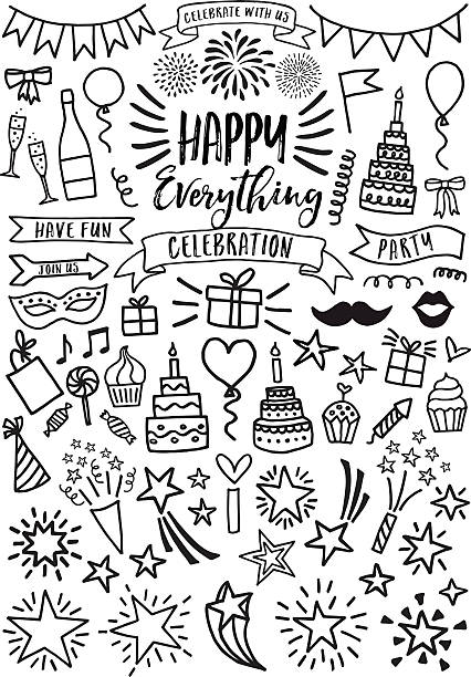 illustrazioni stock, clip art, cartoni animati e icone di tendenza di celebrazione, festa, set vettoriale - gift birthday party celebration