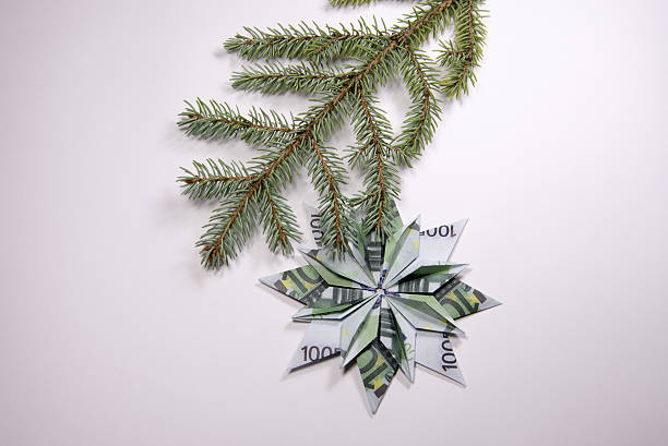 Teal star Christmas ornament on frozen branches during snowfall