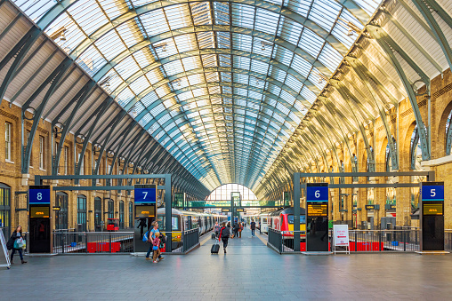 London, United Kingdom - October 31, 2016: This is Kings Cross St Pancras railway station platform where trains wait for passengers to board