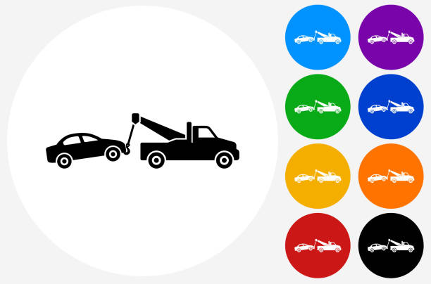 Towing Truck Icon on Flat Color Circle Buttons Towing Truck Icon on Flat Color Circle Buttons. This 100% royalty free vector illustration features the main icon pictured in black inside a white circle. The alternative color options in blue, green, yellow, red, purple, indigo, orange and black are on the right of the icon and are arranged in two vertical columns. indigo truck stock illustrations