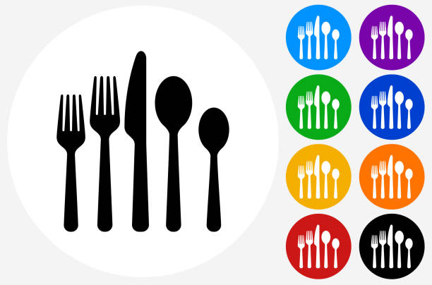 Utensils Icon on Flat Color Circle Buttons Utensils Icon on Flat Color Circle Buttons. This 100% royalty free vector illustration features the main icon pictured in black inside a white circle. The alternative color options in blue, green, yellow, red, purple, indigo, orange and black are on the right of the icon and are arranged in two vertical columns. silverware illustrations stock illustrations