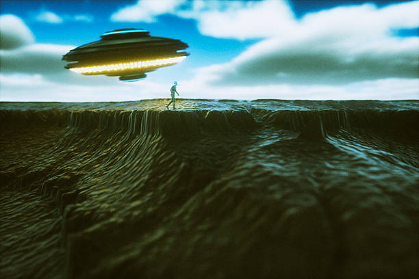 istock Alien cyborg and UFO on distant planet 629815048