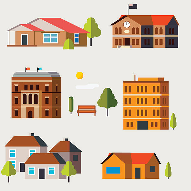 플랫 아이콘 하우스 - 학교 건물 일러스트 stock illustrations