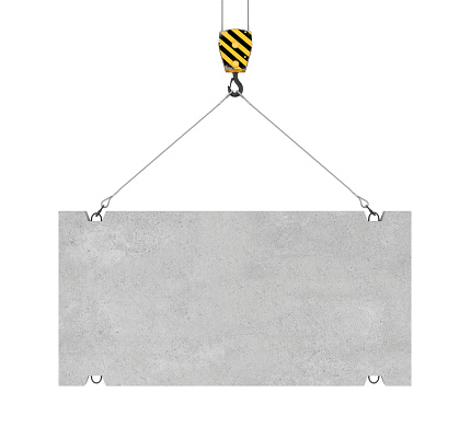 3d rendering of concrete slab hanging on a hook with two ropes isolated on the white background. Building industry. Building materials. Materials transportation.