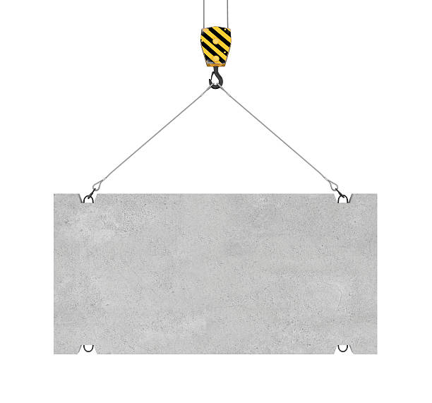 Rendering of concrete slab hanging on hook with two ropes 3d rendering of concrete slab hanging on a hook with two ropes isolated on the white background. Building industry. Building materials. Materials transportation. jib stock pictures, royalty-free photos & images
