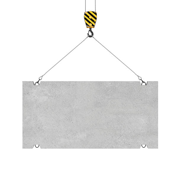 rendering of concrete slab hanging on hook with two ropes - pulley hook crane construction imagens e fotografias de stock