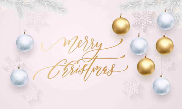 istock Golden decoration calligraphy lettering Merry Christmas white snowflakes 629820514