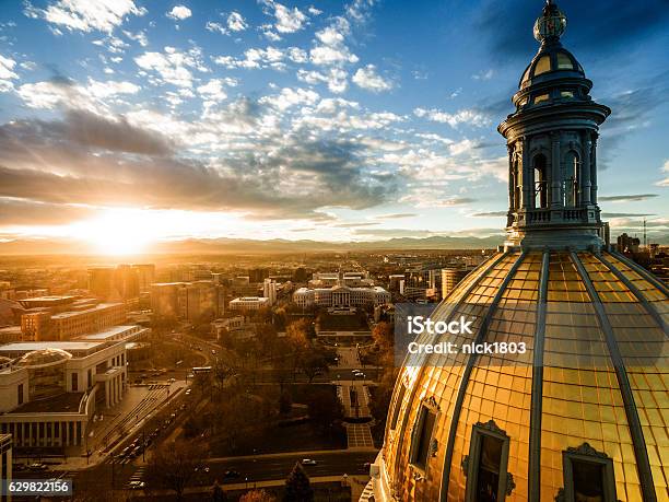 Aerial Drone Sunset Photo Colorado Capital Building City Of Denver Stock Photo - Download Image Now