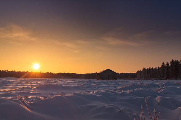 luce solare sul campo innevato - winter finland agriculture barn foto e immagini stock