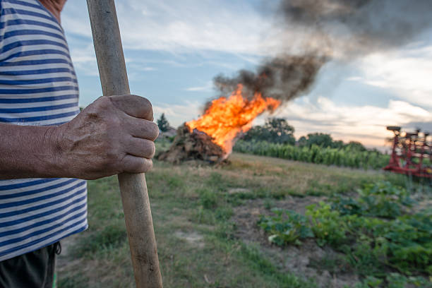 istock Farmer hand and big bonfire on background 629822884