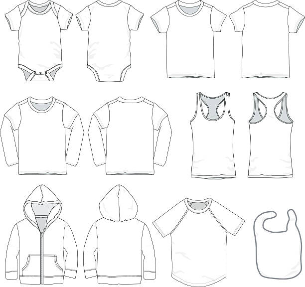 Baby Clothes Templates Infant and toddler baby clothes templates for mock up. kids tshirt stock illustrations