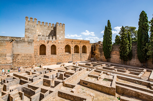 Granada, Spain - August 30, 2016: View of the Alcazaba of Alhambra in Granada on a beautiful day