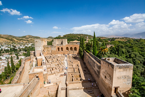 Granada, Spain - August 30, 2016: View of the Alcazaba of Alhambra in Granada on a beautiful day