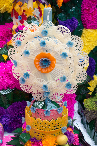 Mexico City, Mexico - October 31, 2016: Day of the Dead Offering Flower Art at Casa Azul, the Home of Frida Kahlo in Mexico City