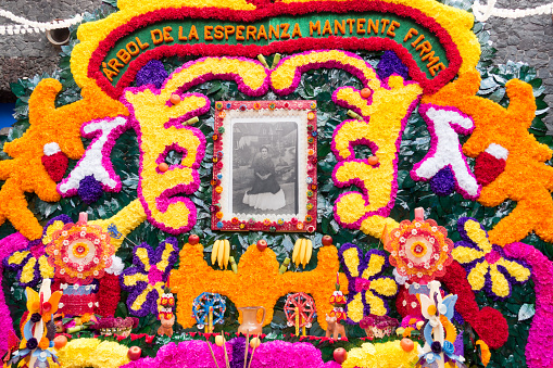 Mexico City, Mexico - October 31, 2016: Day of the Dead Offering Altar at Casa Azul, the Home of Frida Kahlo in Mexico City