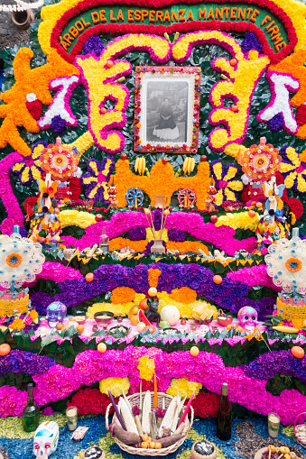 Mexico City, Mexico - October 31, 2016: Day of the Dead Offering Altar at Casa Azul, the Home of Frida Kahlo in Mexico City