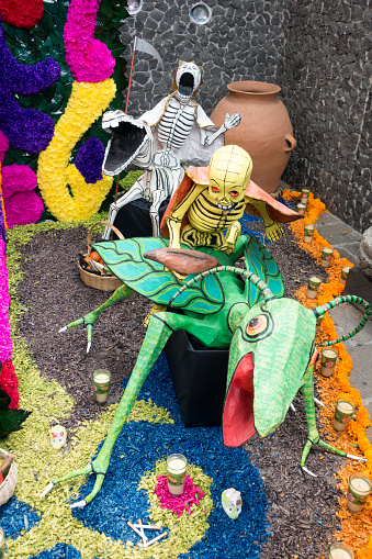 Mexico City, Mexico - October 31, 2016: Day of the Dead Art Grim Reaper, Skeletons and Grasshopper at Frida Kahlo's Home in Mexico City