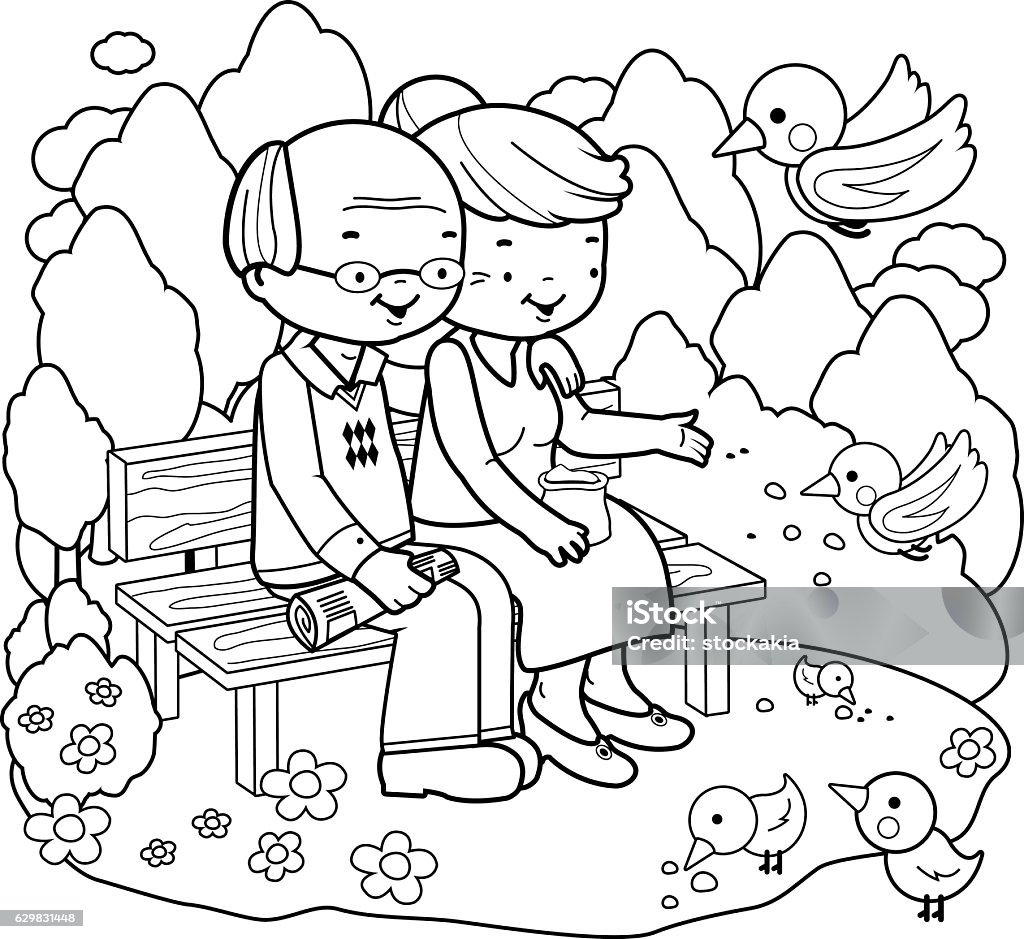 Senior couple at the park. Coloring book page An old man and an old woman sitting on a bench in a park, reading the newspaper and feeding the birds. Coloring book page Coloring Book Page - Illlustration Technique stock vector