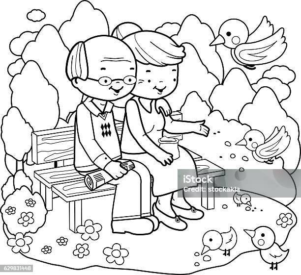 Senior Couple At The Park Coloring Book Page Stock Illustration - Download Image Now - Coloring Book Page - Illlustration Technique, Senior Adult, Bench