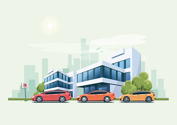 사무실 건물 과 도시 배경 앞에 주차 된 자동차 - car stationary blue sky stock illustrations