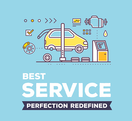 Vector creative illustration of car service workshop on blue background with header and line auto accessories. Car service and maintenance concept. Flat thin line art style design for car repair, diagnostics, inspection