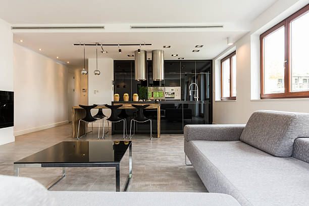 istock Minimalistic living room with dining area 629863088