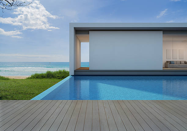 istock Empty wall and floor of luxury sea view pool villa 629863154