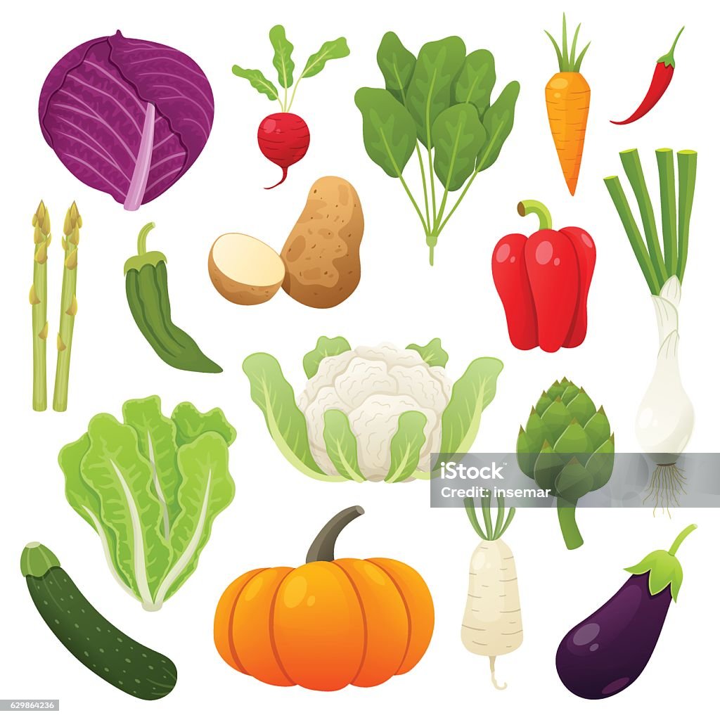 Linda y sabrosa colección de verduras. Ilustración vectorial. - arte vectorial de Lechuga libre de derechos