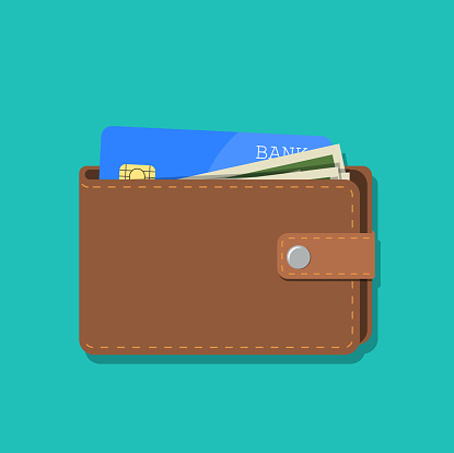 wallet with card and cash. Brown wallet with money. Concept for business,print,web sites,magazines,online shop,finance,banks. vector illustration in flat design