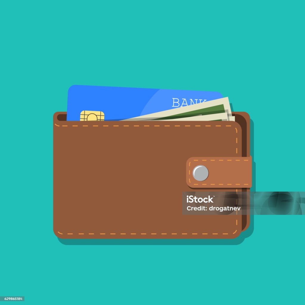 wallet with card and cash wallet with card and cash. Brown wallet with money. Concept for business,print,web sites,magazines,online shop,finance,banks. vector illustration in flat design Wallet stock vector