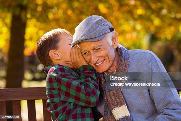 Grandson Whispering To Grandfather Stock Photo - Download Image Now - Grandson, Whispering, Child